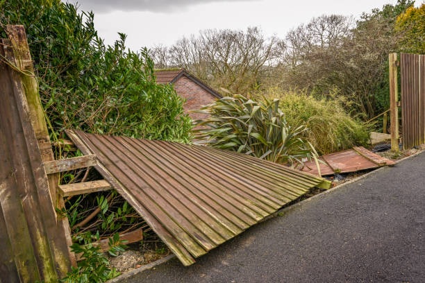Damaged fence Fence damaged by high winds,